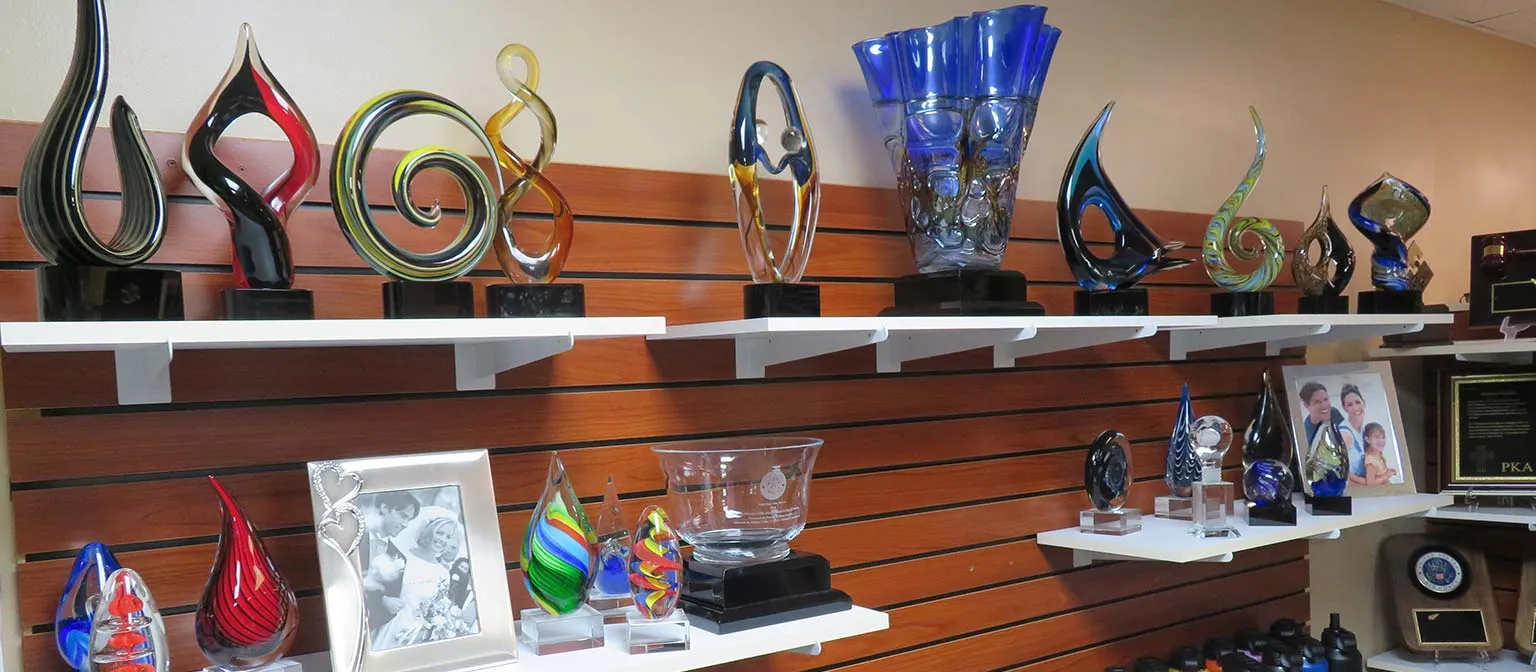 Glass and Acrylic Awards on shelves